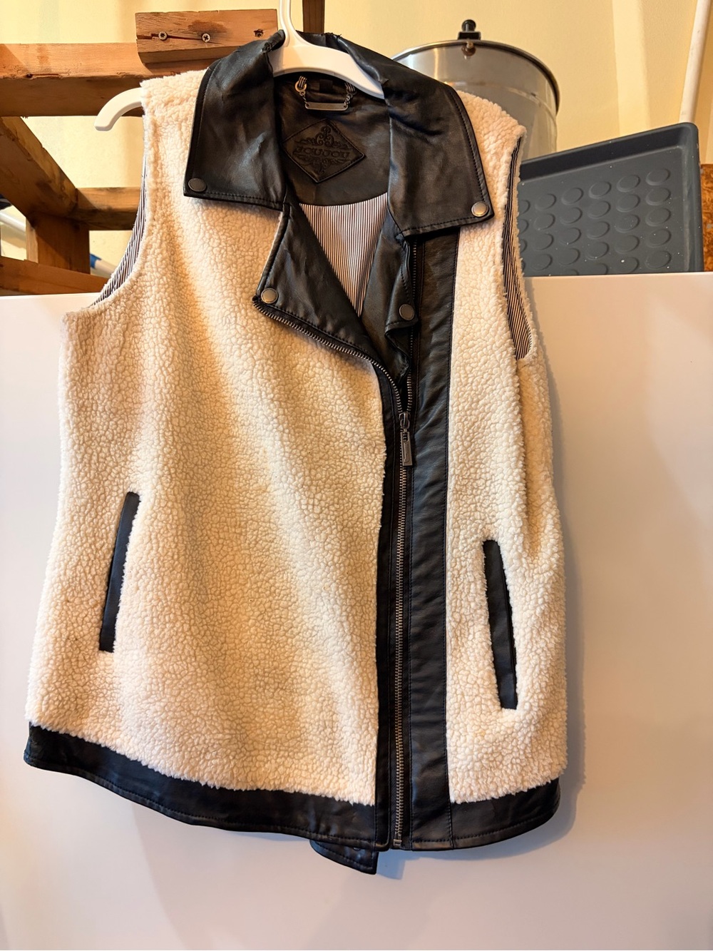 Cream Sherpa Vest with Black Faux-Leather Trim